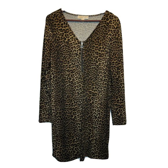 Michael Kors Sweater Dress Large Leopard 1/4 Zip Long Sleeve Knee Length Bodycon - Picture 1 of 8